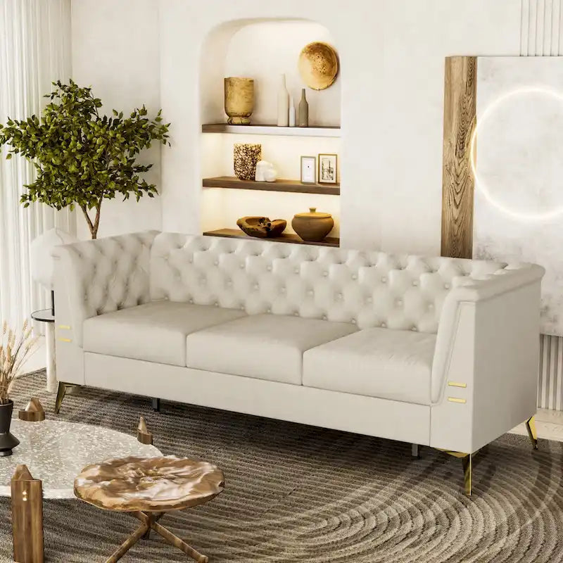 82.7 Velvet 3-Seater Sofa with Gold Metal Legs