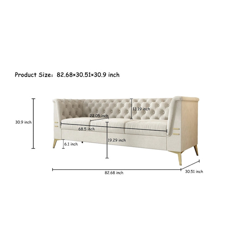 82.7 Velvet 3-Seater Sofa with Gold Metal Legs