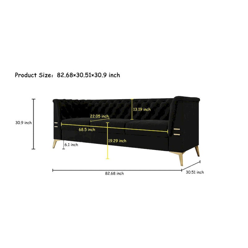 82.7 Velvet 3-Seater Sofa with Gold Metal Legs