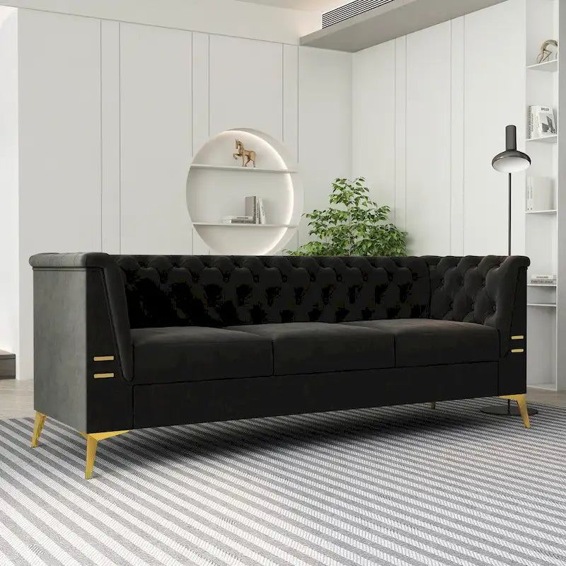82.7 Velvet 3-Seater Sofa with Gold Metal Legs