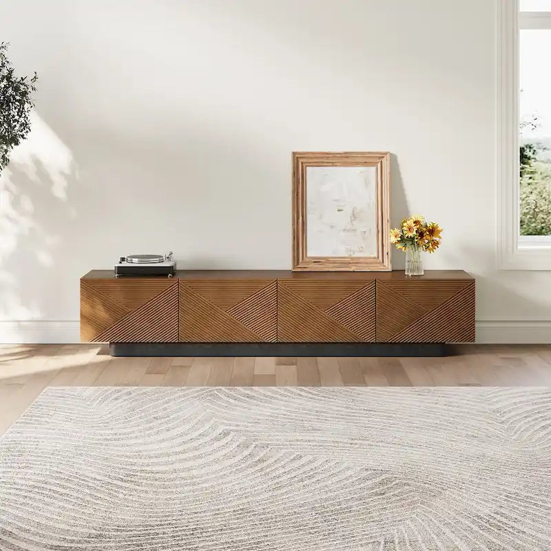 78.74 Mid Century Modern TV Stands, with Brown Solid Wood Veneer, Media Consoler with 4 Cabinets