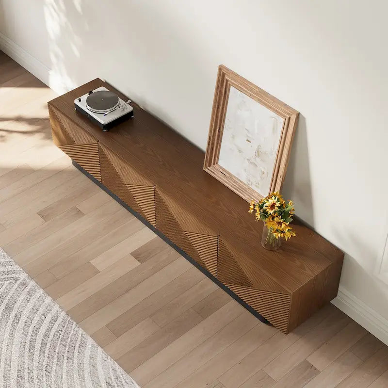 78.74 Mid Century Modern TV Stands, with Brown Solid Wood Veneer, Media Consoler with 4 Cabinets