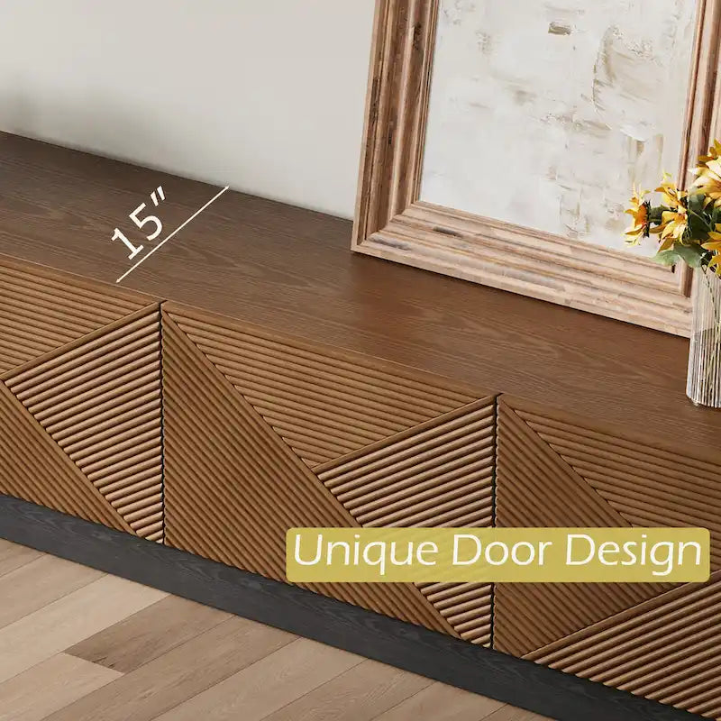 78.74 Mid Century Modern TV Stands, with Brown Solid Wood Veneer, Media Consoler with 4 Cabinets