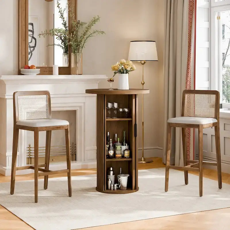 Small Tambour Dining Table with Three-Layer Storage Shelf, 36 Tall Round Bar Table