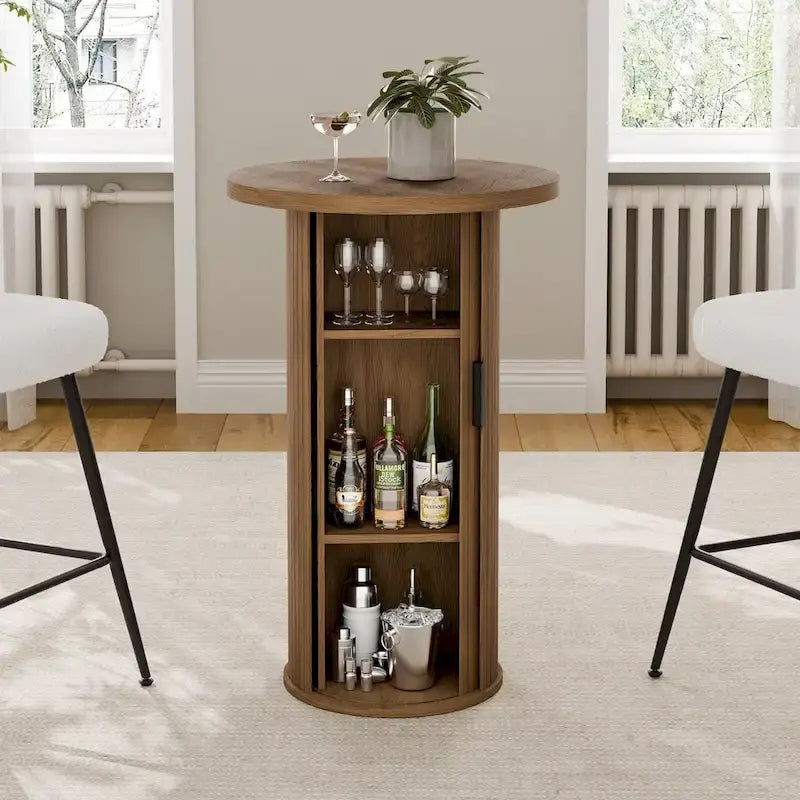 Small Tambour Dining Table with Three-Layer Storage Shelf, 36 Tall Round Bar Table