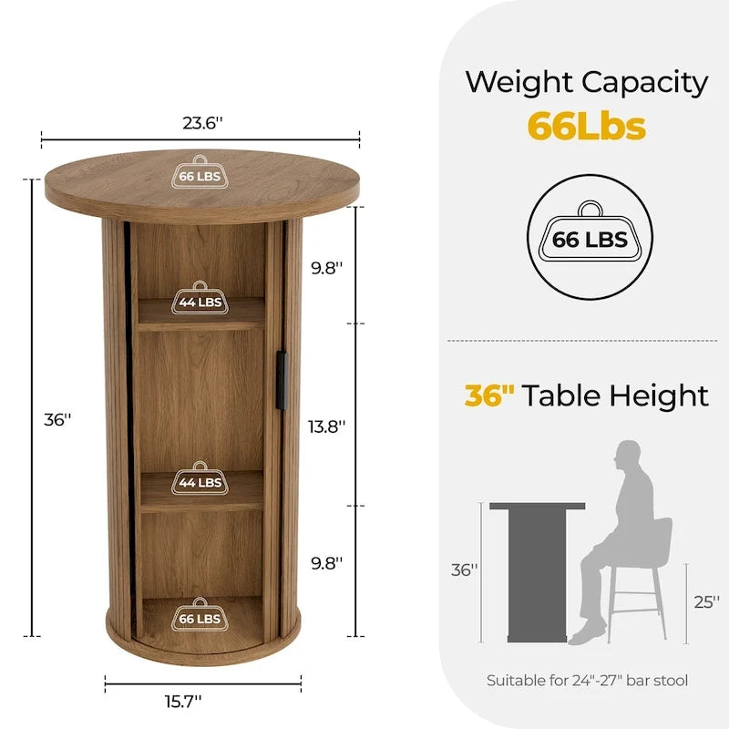 Small Tambour Dining Table with Three-Layer Storage Shelf, 36 Tall Round Bar Table