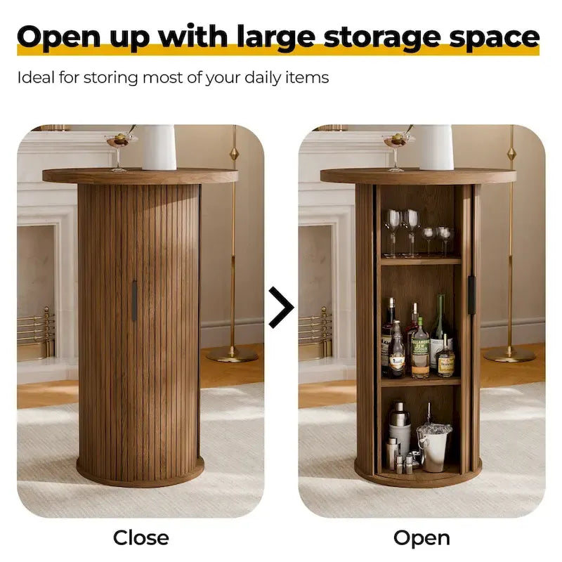 Small Tambour Dining Table with Three-Layer Storage Shelf, 36 Tall Round Bar Table