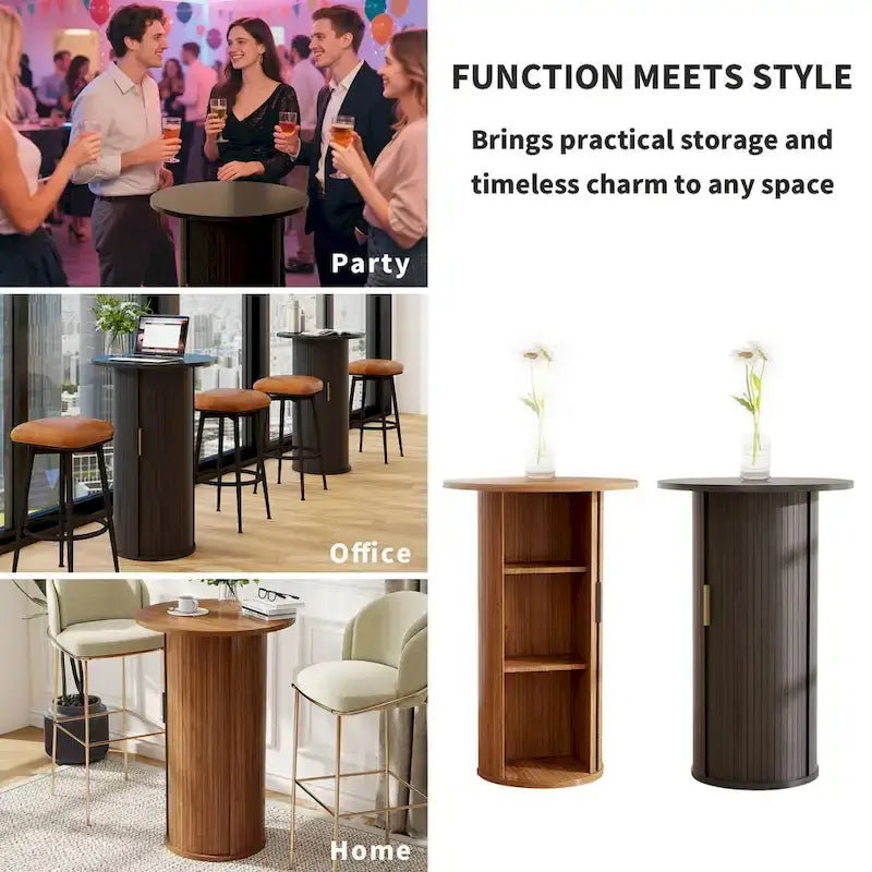 Small Tambour Dining Table with Three-Layer Storage Shelf, 36 Tall Round Bar Table