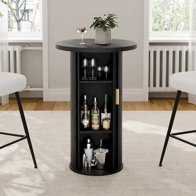 Small Tambour Dining Table with Three-Layer Storage Shelf, 36 Tall Round Bar Table