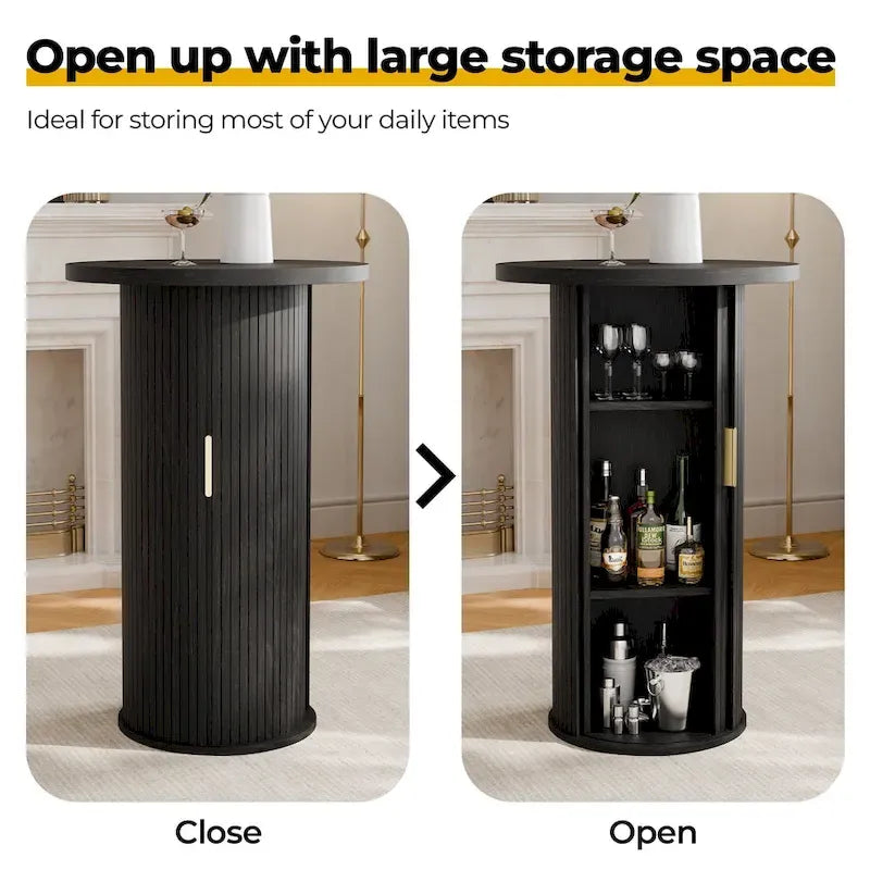 Small Tambour Dining Table with Three-Layer Storage Shelf, 36 Tall Round Bar Table
