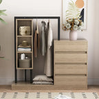 Open Wardrobe Closet with 4 Drawers, 3 Shelves & Hanging Rod Freestanding Wooden Armoire Closet for Bedroom