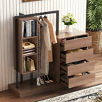 Open Wardrobe Closet with 4 Drawers, 3 Shelves & Hanging Rod Freestanding Wooden Armoire Closet for Bedroom