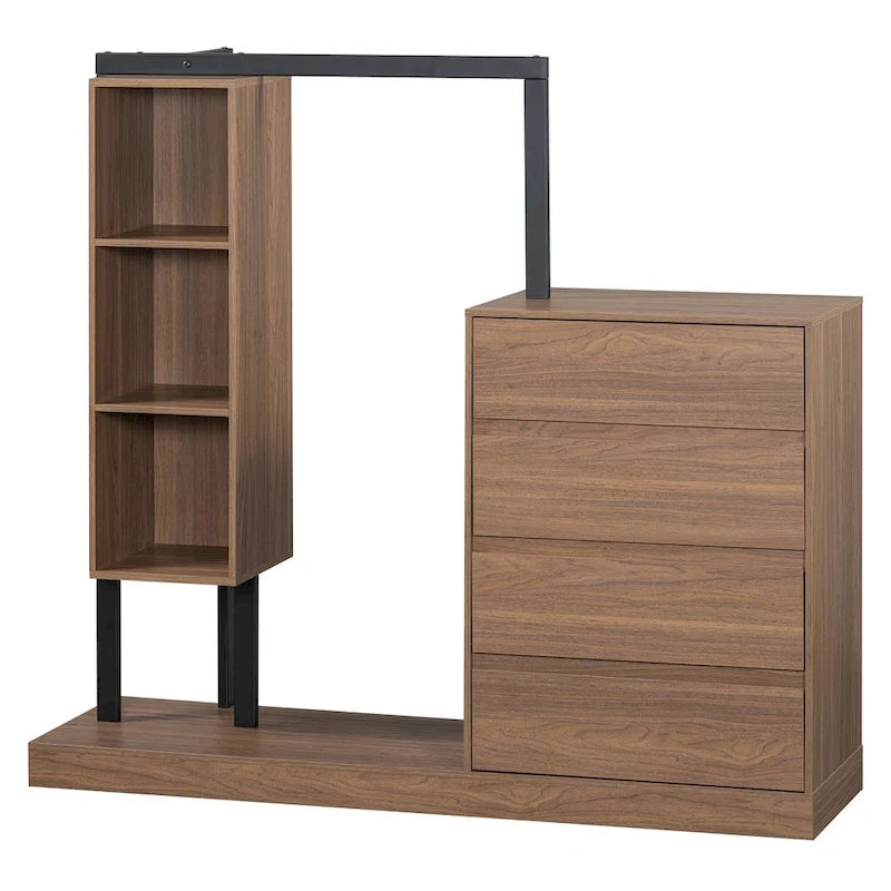 Open Wardrobe Closet with 4 Drawers, 3 Shelves & Hanging Rod Freestanding Wooden Armoire Closet for Bedroom
