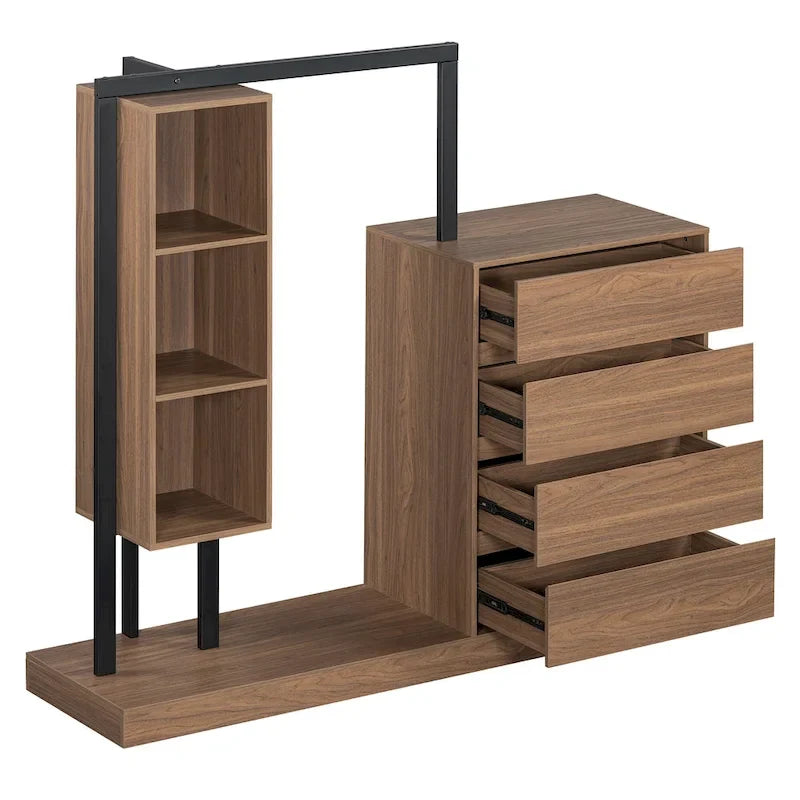 Open Wardrobe Closet with 4 Drawers, 3 Shelves & Hanging Rod Freestanding Wooden Armoire Closet for Bedroom