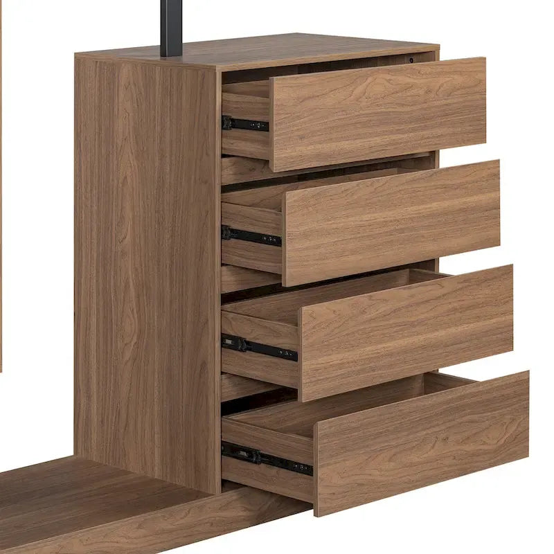 Open Wardrobe Closet with 4 Drawers, 3 Shelves & Hanging Rod Freestanding Wooden Armoire Closet for Bedroom