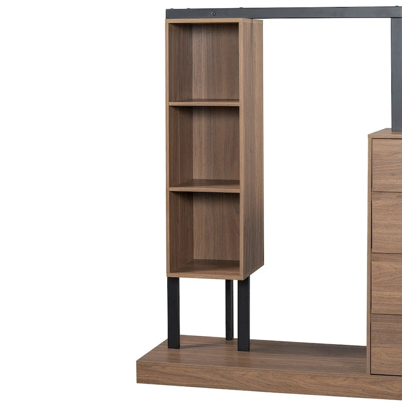 Open Wardrobe Closet with 4 Drawers, 3 Shelves & Hanging Rod Freestanding Wooden Armoire Closet for Bedroom
