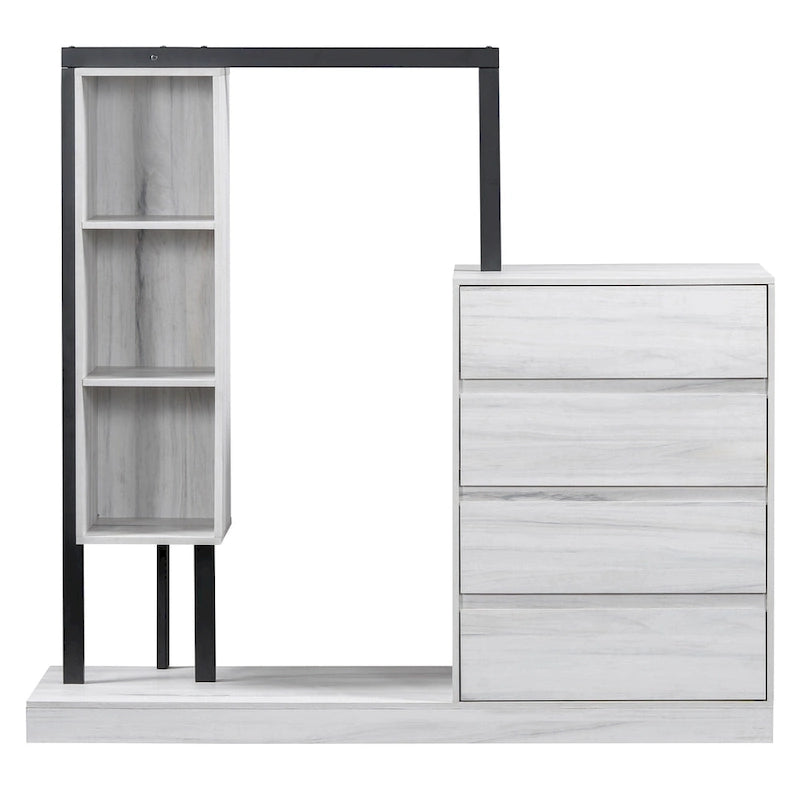 Open Wardrobe Closet with 4 Drawers, 3 Shelves & Hanging Rod Freestanding Wooden Armoire Closet for Bedroom