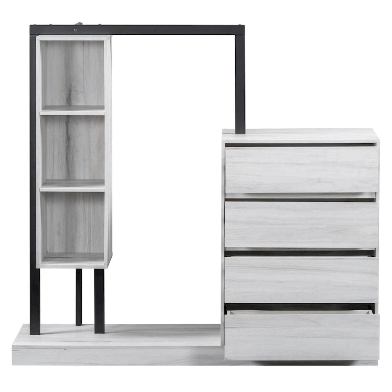 Open Wardrobe Closet with 4 Drawers, 3 Shelves & Hanging Rod Freestanding Wooden Armoire Closet for Bedroom