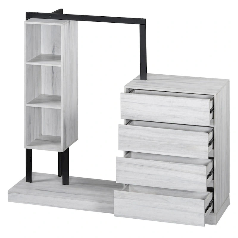 Open Wardrobe Closet with 4 Drawers, 3 Shelves & Hanging Rod Freestanding Wooden Armoire Closet for Bedroom