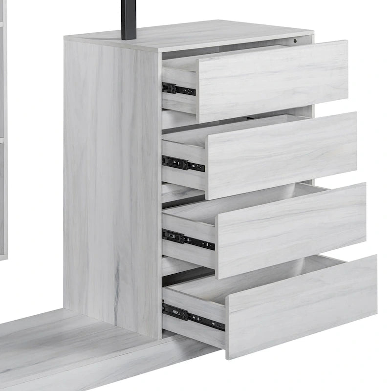 Open Wardrobe Closet with 4 Drawers, 3 Shelves & Hanging Rod Freestanding Wooden Armoire Closet for Bedroom