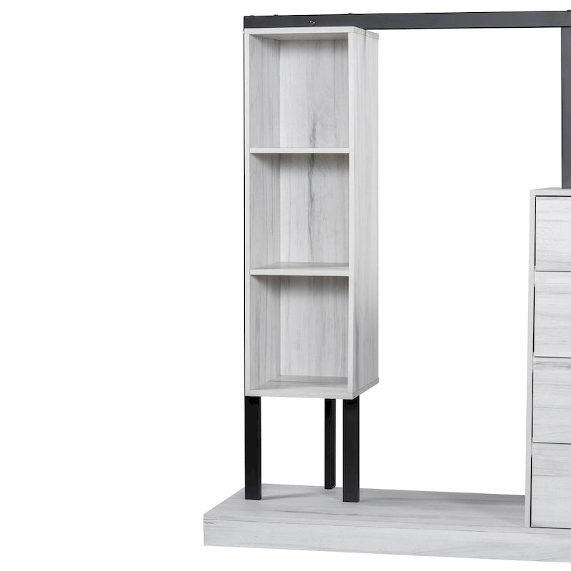 Open Wardrobe Closet with 4 Drawers, 3 Shelves & Hanging Rod Freestanding Wooden Armoire Closet for Bedroom