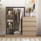 Open Wardrobe Closet with 4 Drawers, 3 Shelves & Hanging Rod Freestanding Wooden Armoire Closet for Bedroom
