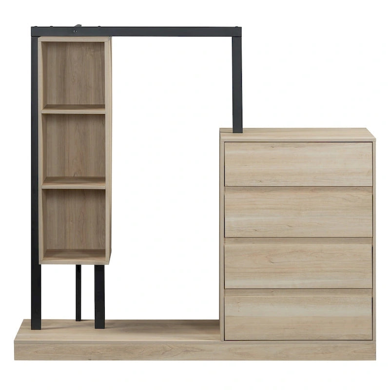 Open Wardrobe Closet with 4 Drawers, 3 Shelves & Hanging Rod Freestanding Wooden Armoire Closet for Bedroom