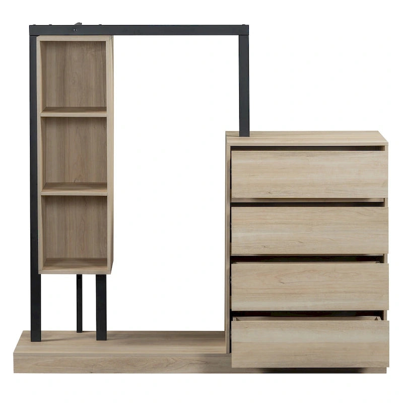 Open Wardrobe Closet with 4 Drawers, 3 Shelves & Hanging Rod Freestanding Wooden Armoire Closet for Bedroom