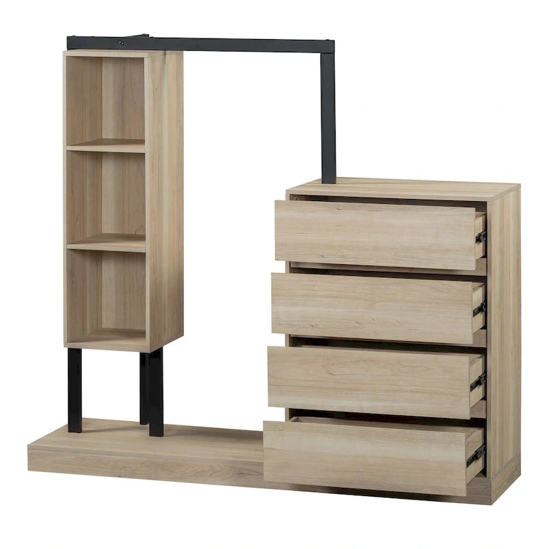 Open Wardrobe Closet with 4 Drawers, 3 Shelves & Hanging Rod Freestanding Wooden Armoire Closet for Bedroom