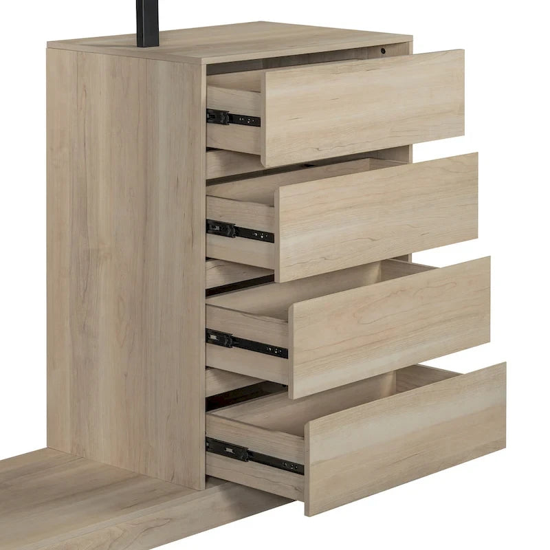 Open Wardrobe Closet with 4 Drawers, 3 Shelves & Hanging Rod Freestanding Wooden Armoire Closet for Bedroom