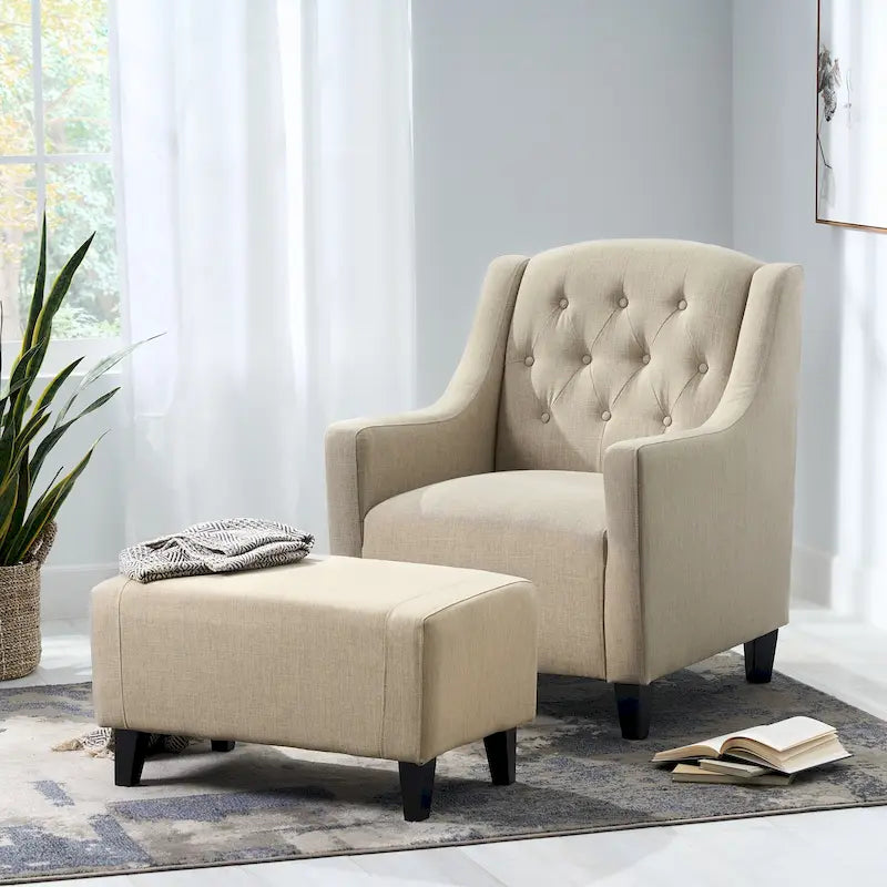Elaine Light Beige Tufted Fabric Club Chair with Ottoman
