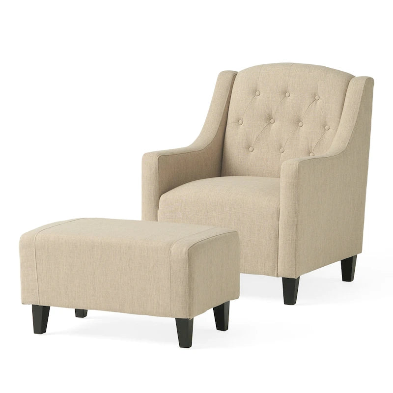 Elaine Light Beige Tufted Fabric Club Chair with Ottoman