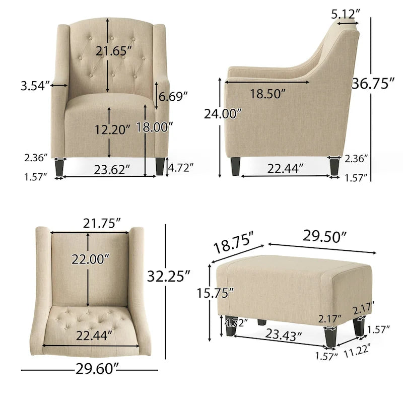 Elaine Light Beige Tufted Fabric Club Chair with Ottoman