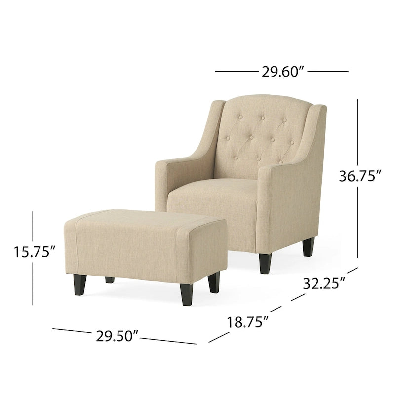 Elaine Light Beige Tufted Fabric Club Chair with Ottoman