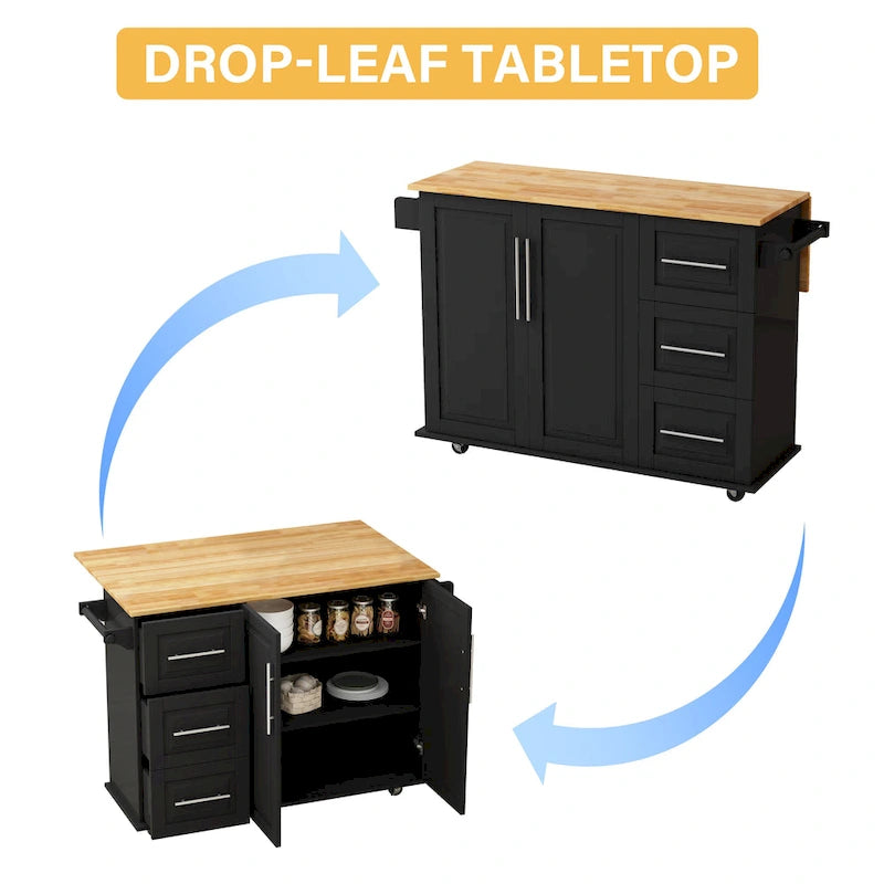 Kitchen Island Cart with Two Door Cabinet and Three Drawers