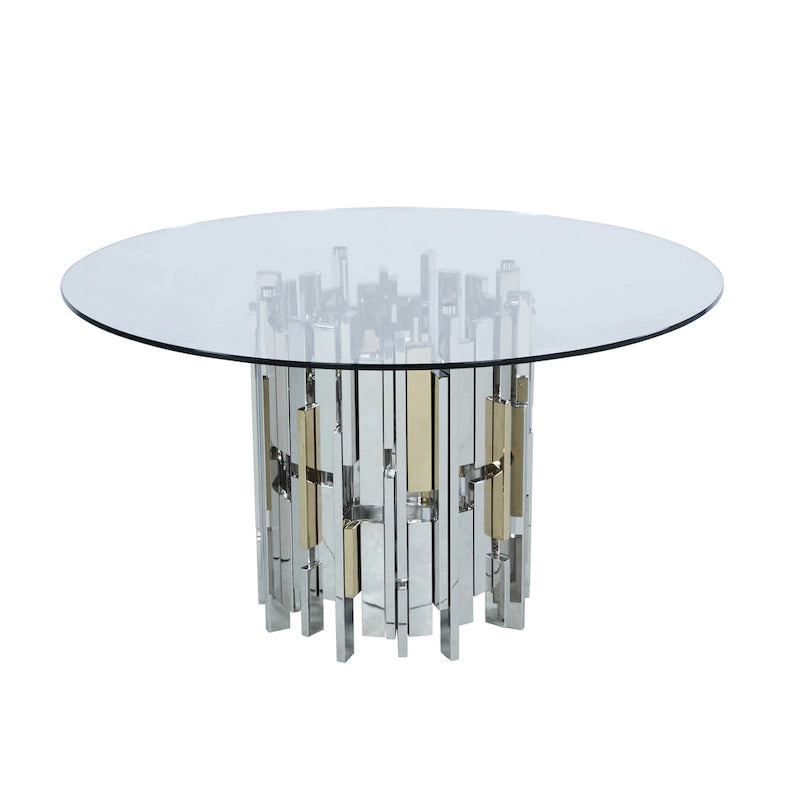 Round Glass Table with Steel & Golden Cluster Design Base