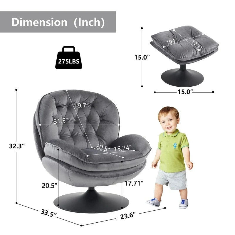 Velvet Swivel Accent Chair with Ottoman Round Reading Accent Chair Foot Stool Ottoman Set,360 Swivel,Metal Frame