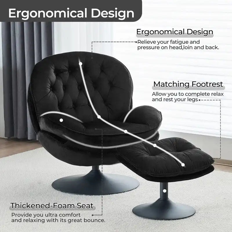 Velvet Swivel Accent Chair with Ottoman Round Reading Accent Chair Foot Stool Ottoman Set,360 Swivel,Metal Frame