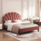 Upholstered Platform Bed with Flower Pattern Velvet Headboard