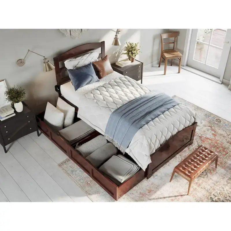Platform Bed with Footboard and 2 Storage Drawers