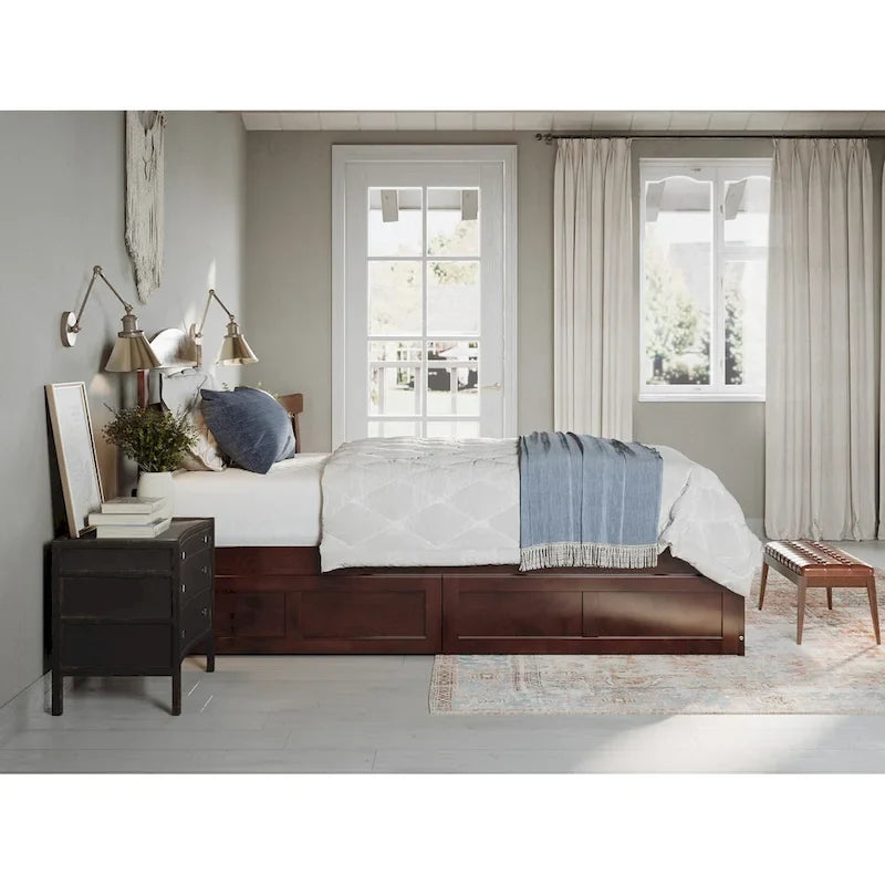 Platform Bed with Footboard and 2 Storage Drawers