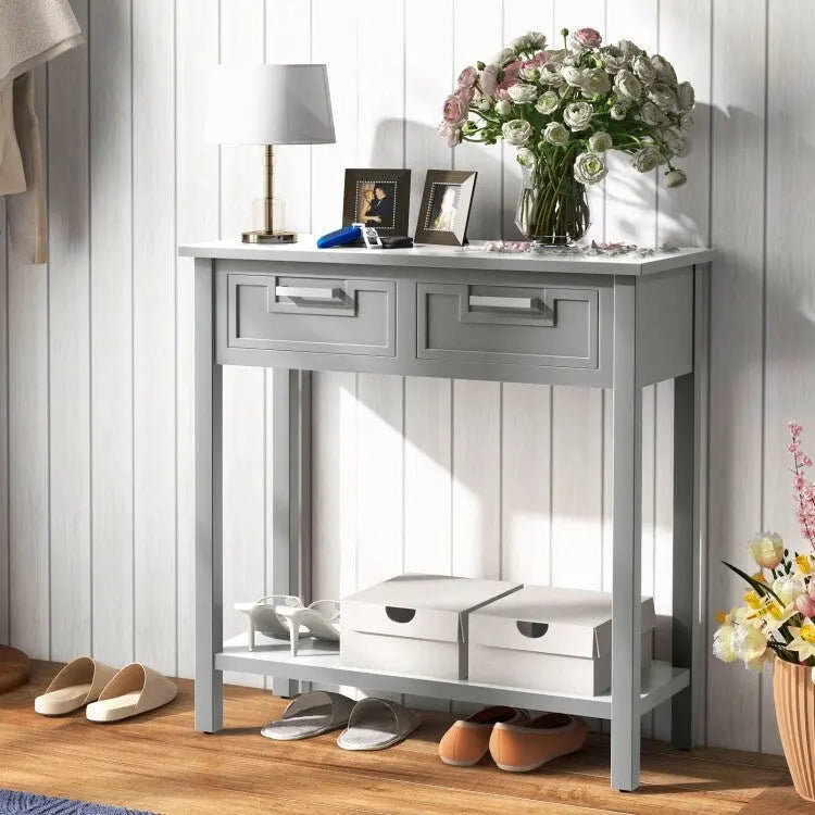 Narrow Console Table with Drawers and Open Storage Shelf - 31.5L x 14W x 32H
