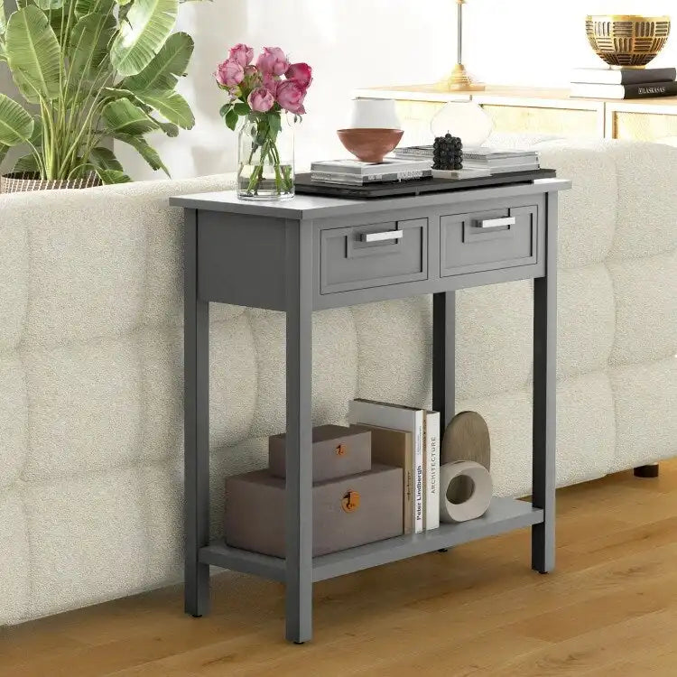 Narrow Console Table with Drawers and Open Storage Shelf - 31.5L x 14W x 32H