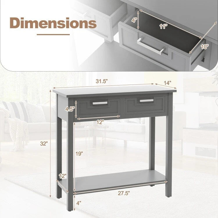 Narrow Console Table with Drawers and Open Storage Shelf - 31.5L x 14W x 32H