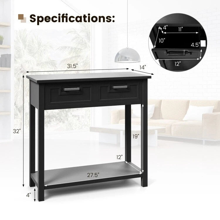 Narrow Console Table with Drawers and Open Storage Shelf - 31.5L x 14W x 32H
