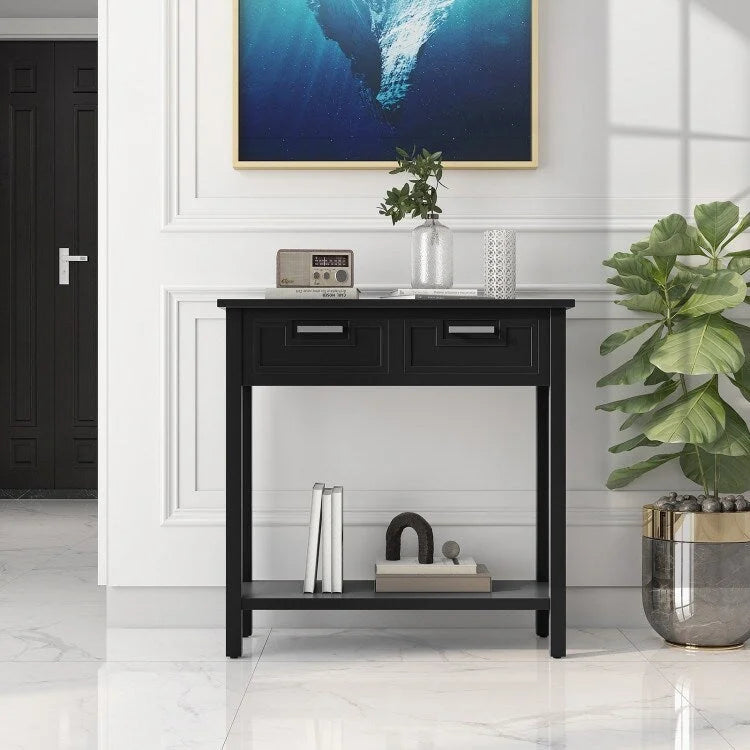 Narrow Console Table with Drawers and Open Storage Shelf - 31.5L x 14W x 32H