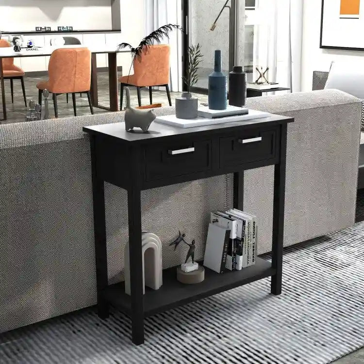 Narrow Console Table with Drawers and Open Storage Shelf - 31.5L x 14W x 32H