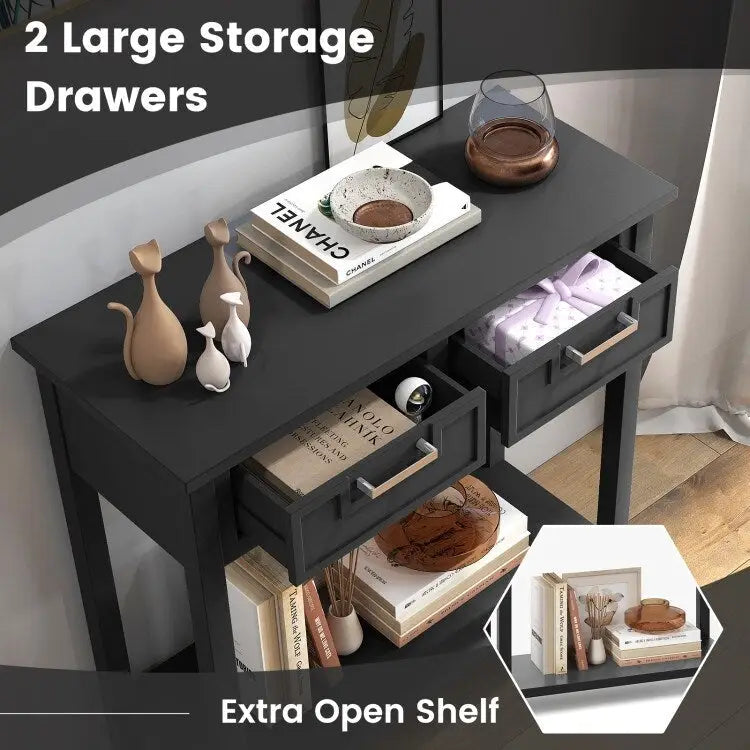 Narrow Console Table with Drawers and Open Storage Shelf - 31.5L x 14W x 32H