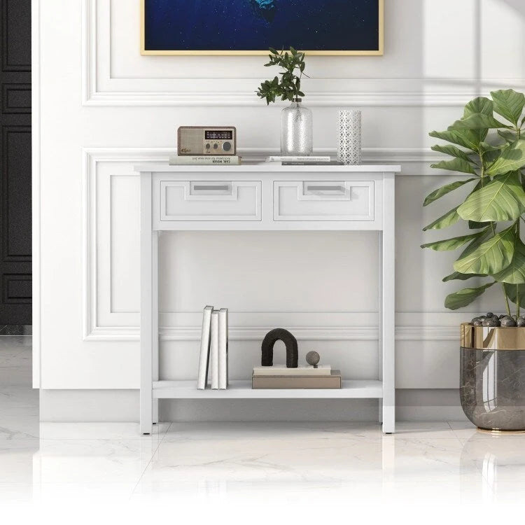 Narrow Console Table with Drawers and Open Storage Shelf - 31.5L x 14W x 32H