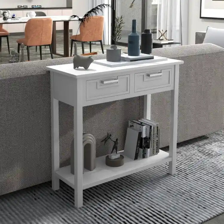 Narrow Console Table with Drawers and Open Storage Shelf - 31.5L x 14W x 32H